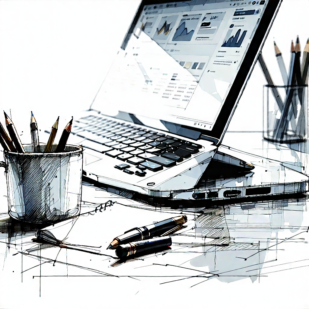 Business Ink Drawing: Workplace With Laptop And Coffee On Desk With Laptop Computer