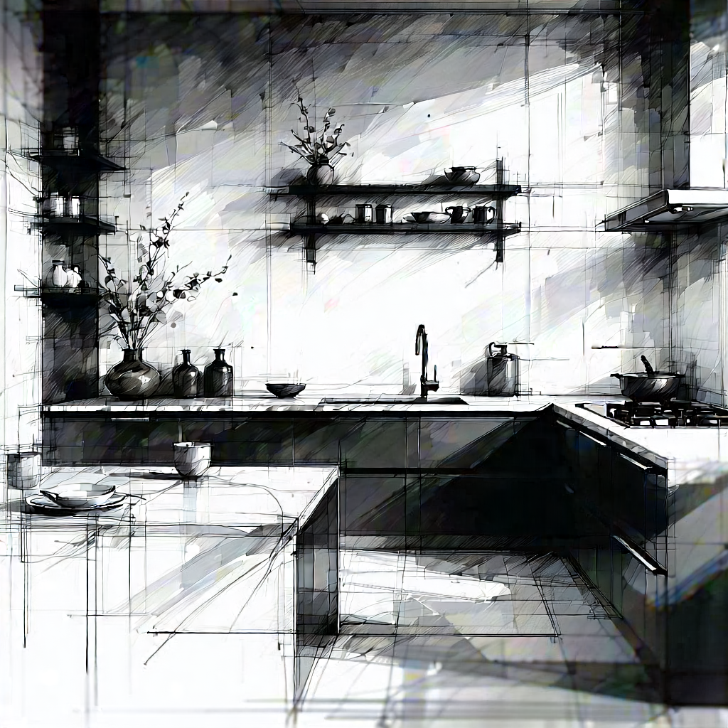 Lifestyle Charcoal Drawing: Modern Kitchen With Minimalist Decor With Black White