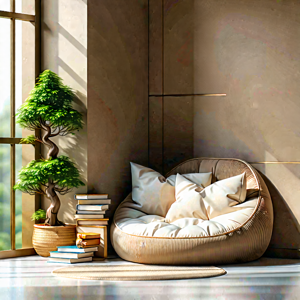 Lifestyle Isometric Design: Reading Nook With (minimalist:1.5) Decor With Image, There