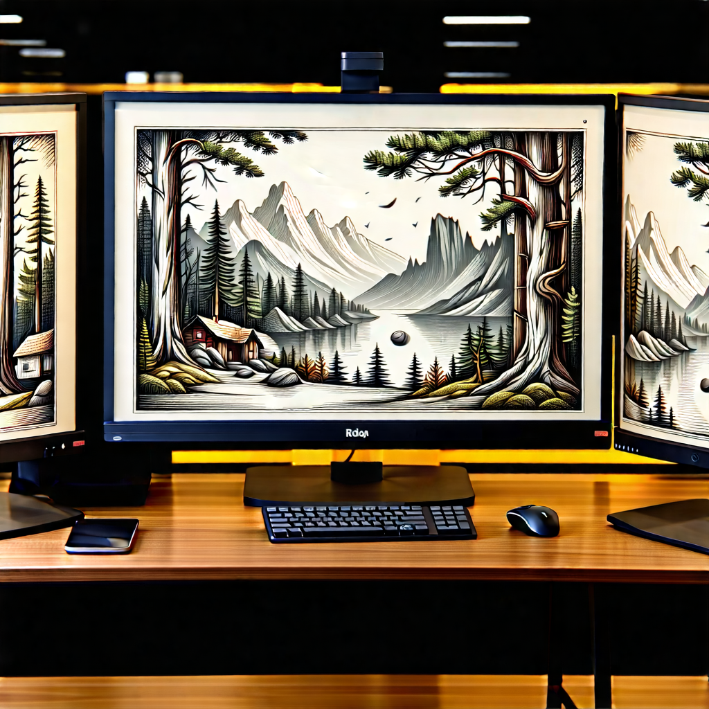 Business Woodcut Print: Education Professional Using Multiple Monitors With Image, There