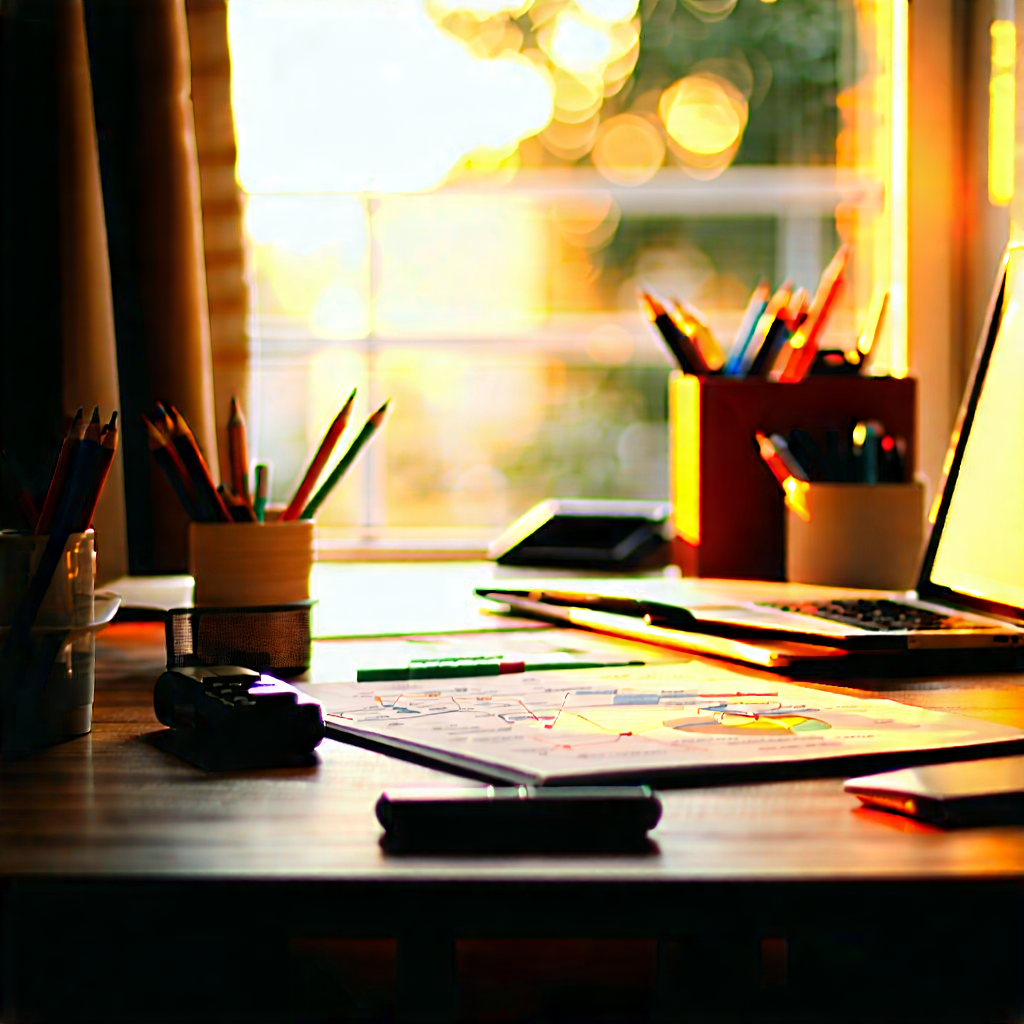 Lifestyle Diagram Style: Home office with warm (lighting:1.22)