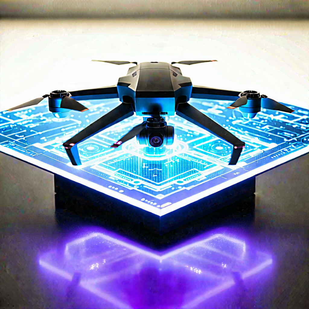 Tech Acrylic Painting: Drone With Holographic Display With Blue Black