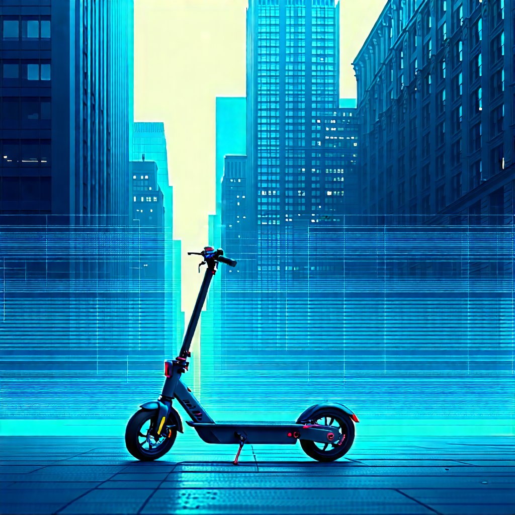 Urban Blueprint Style: City Electric Scooter In Financial District With City Street
