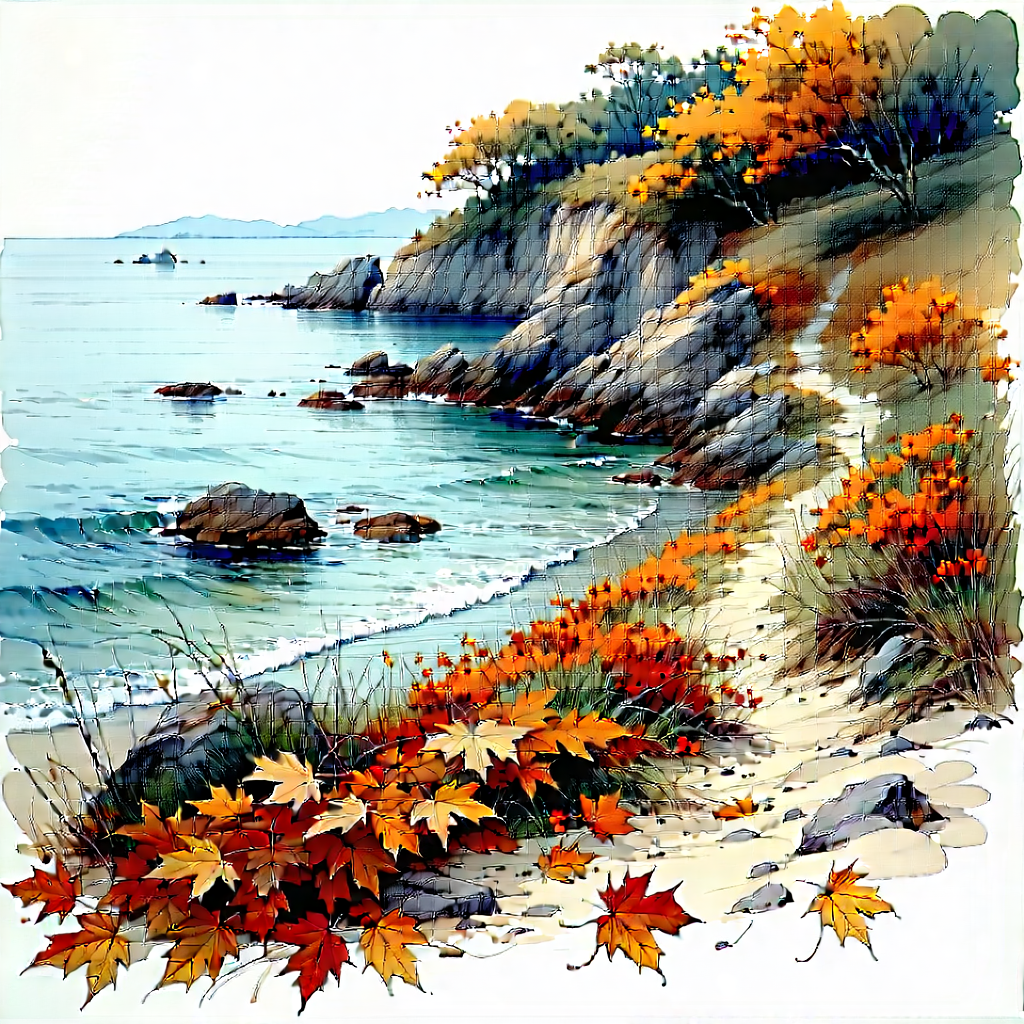 Nature Ink Drawing: Autumn Leaves In Coastal Environment With Beautiful Beach