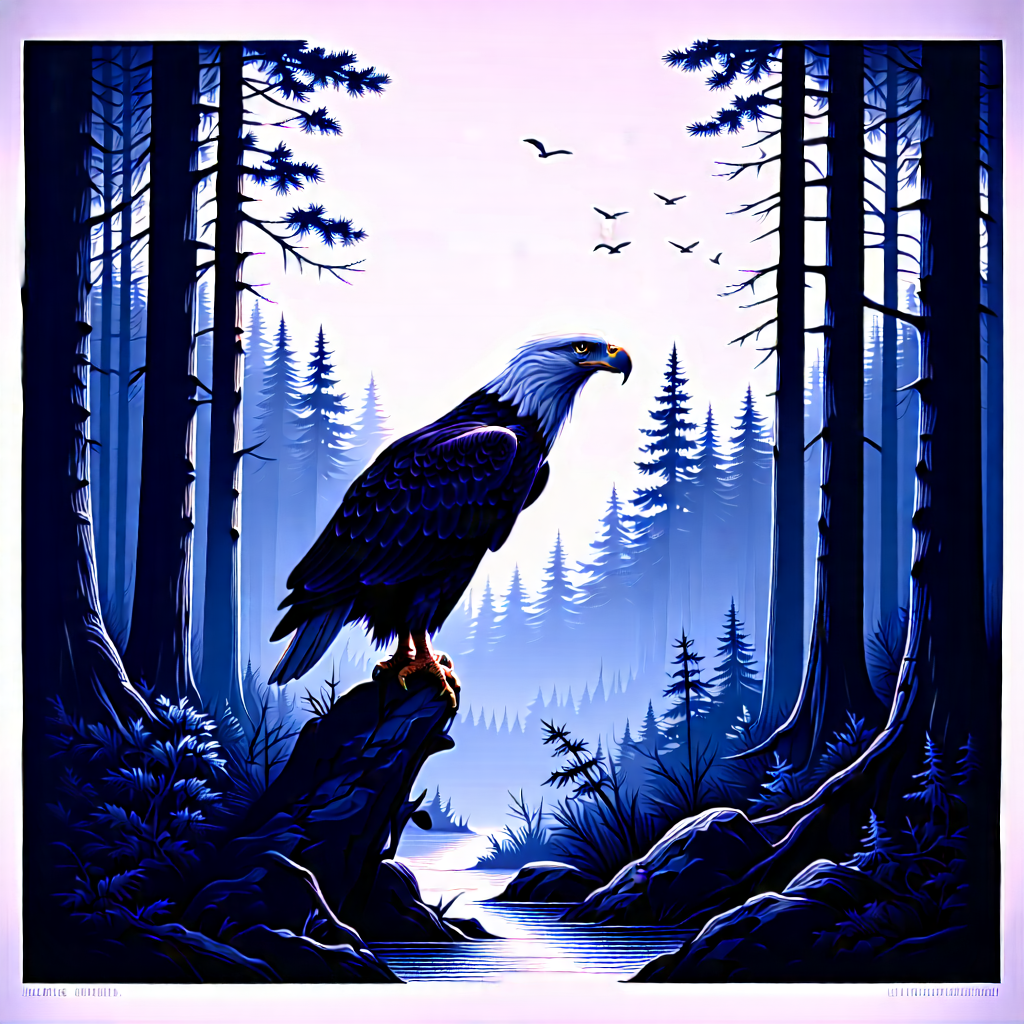 Nature Woodcut Print: Eagle In Forest Environment With Majestic Bald