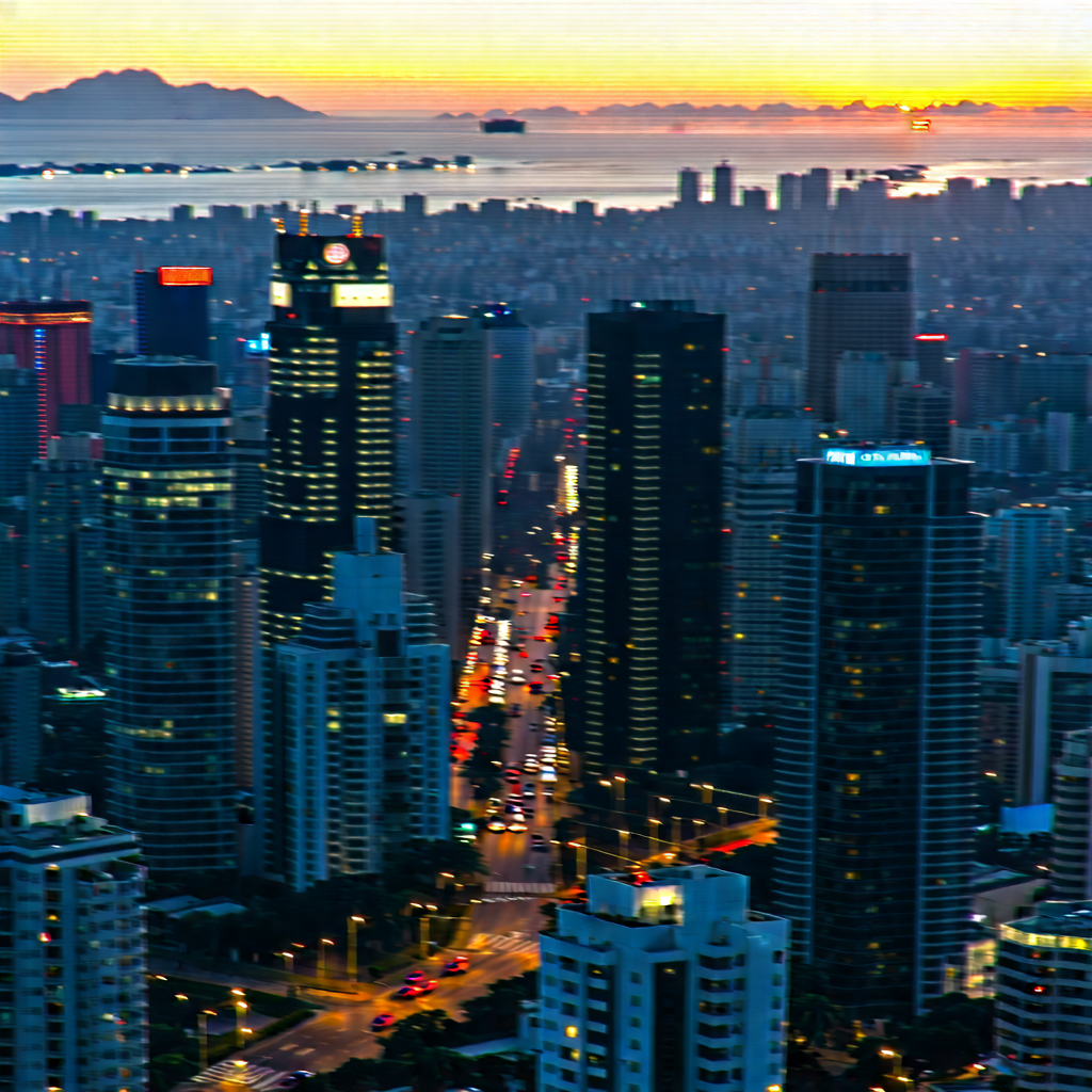 Urban Aerial Photography: Cityscape of (modern:1.14) metropolis during sunset