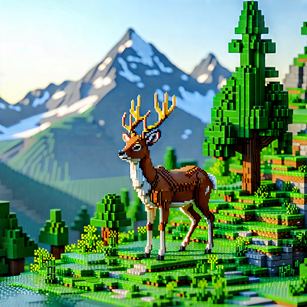 Nature Voxel Art: Deer In Mountain Terrain With Image, There