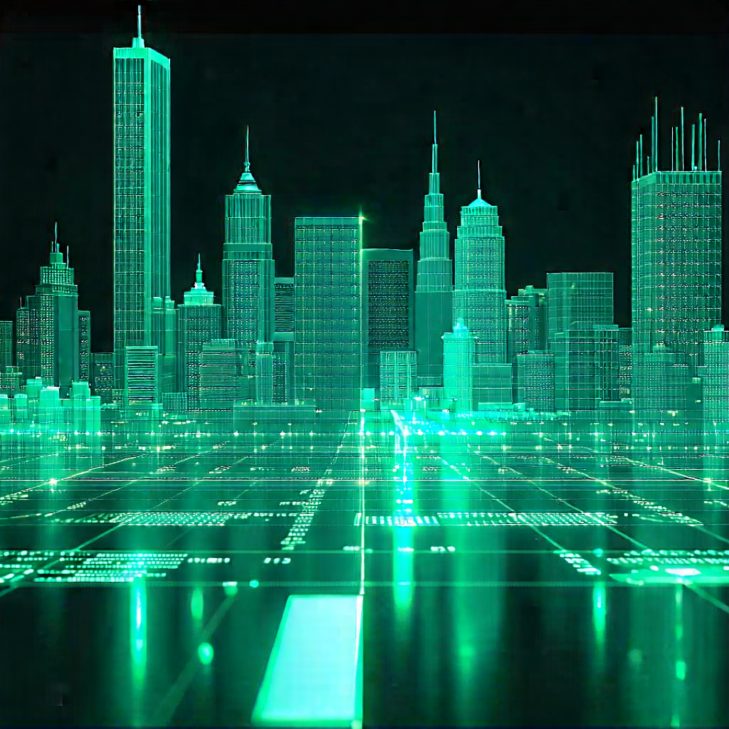Tech Long Exposure Photography: Financial Technology In Design Studio With Futuristic Cityscape