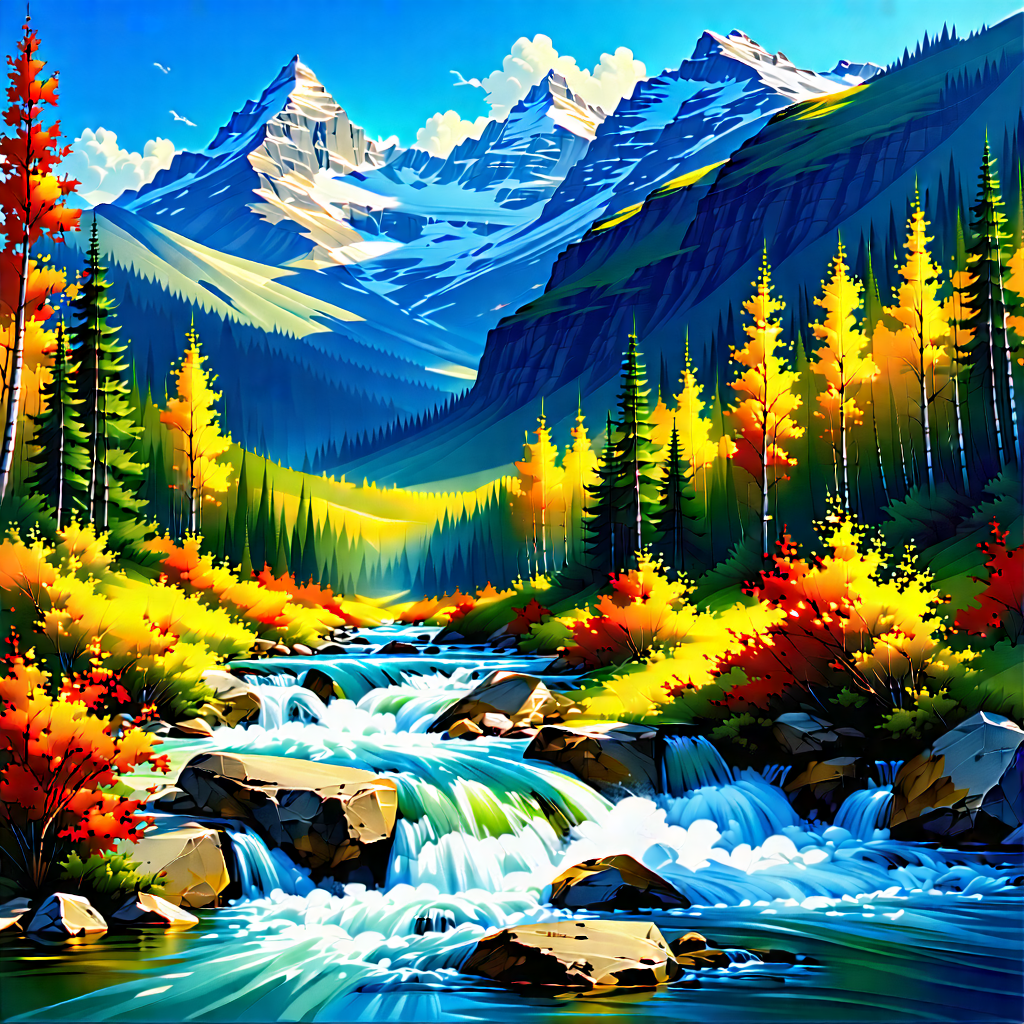 Nature Gouache Painting: Mountain Stream Surrounded By Autumn Trees With Beautiful Scene