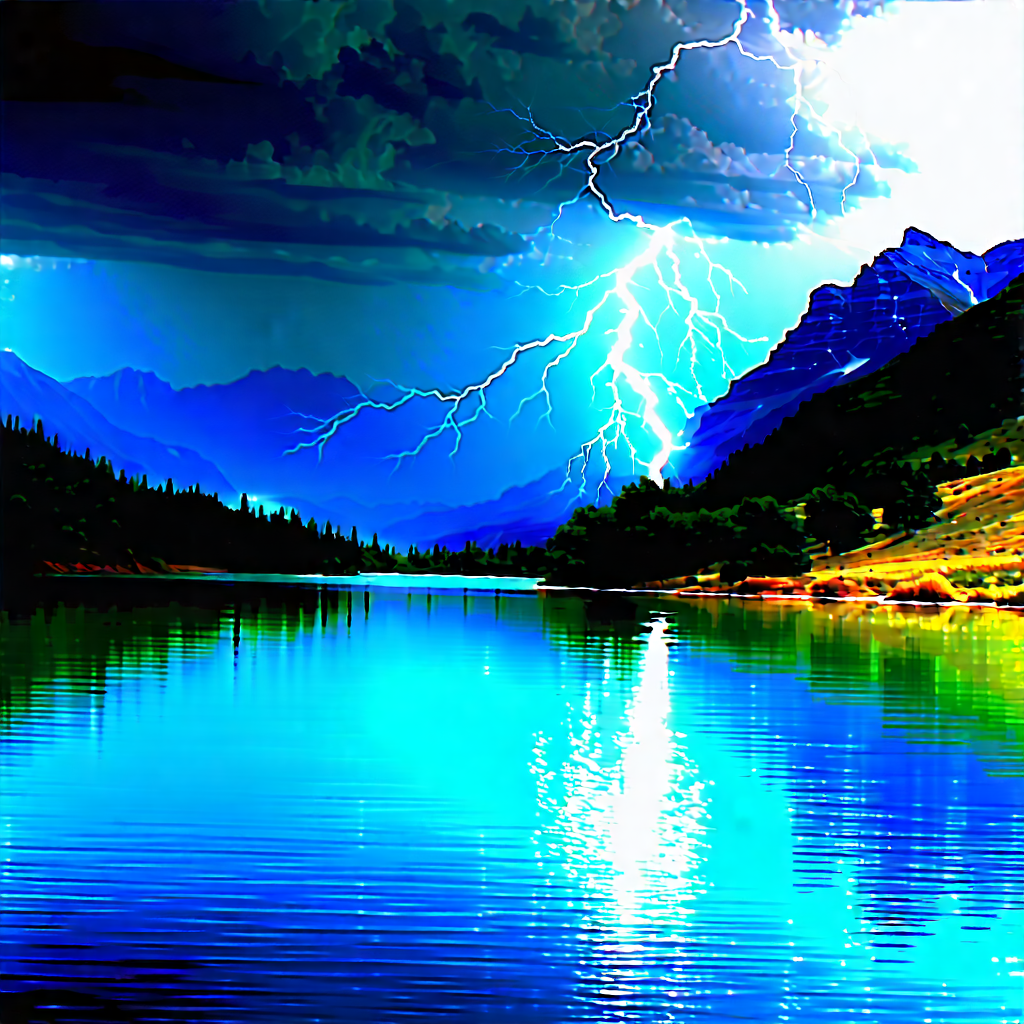 Nature Acrylic Painting: Lightning Over Alpine Lake With Beautiful Lake