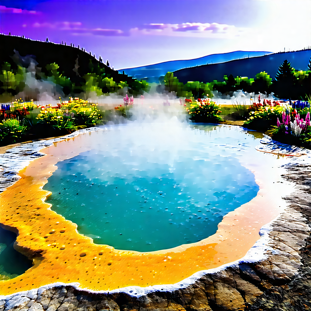 Nature Infographic Style: Hot Spring Surrounded By Wildflowers With Large, Round,