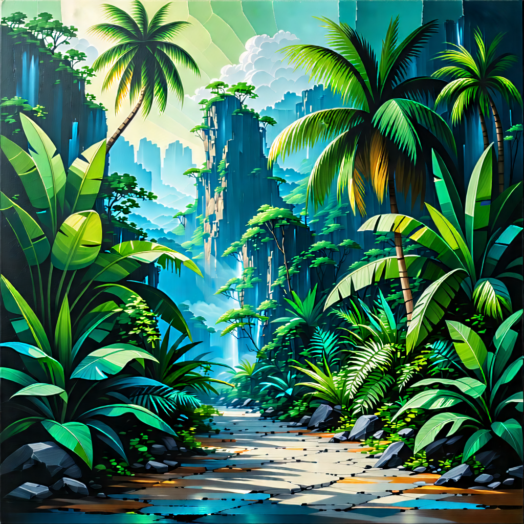 Nature Acrylic Painting: Tropical Plants In Natural Setting With Image, There
