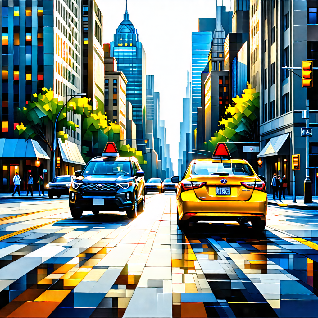Urban Acrylic Painting: City rideshare in main avenue