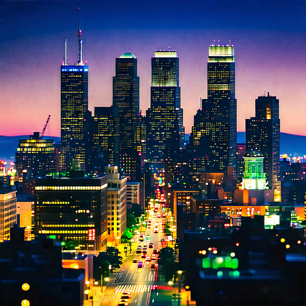 Urban 3d Render: Cityscape Of Downtown District During Night With Nighttime View