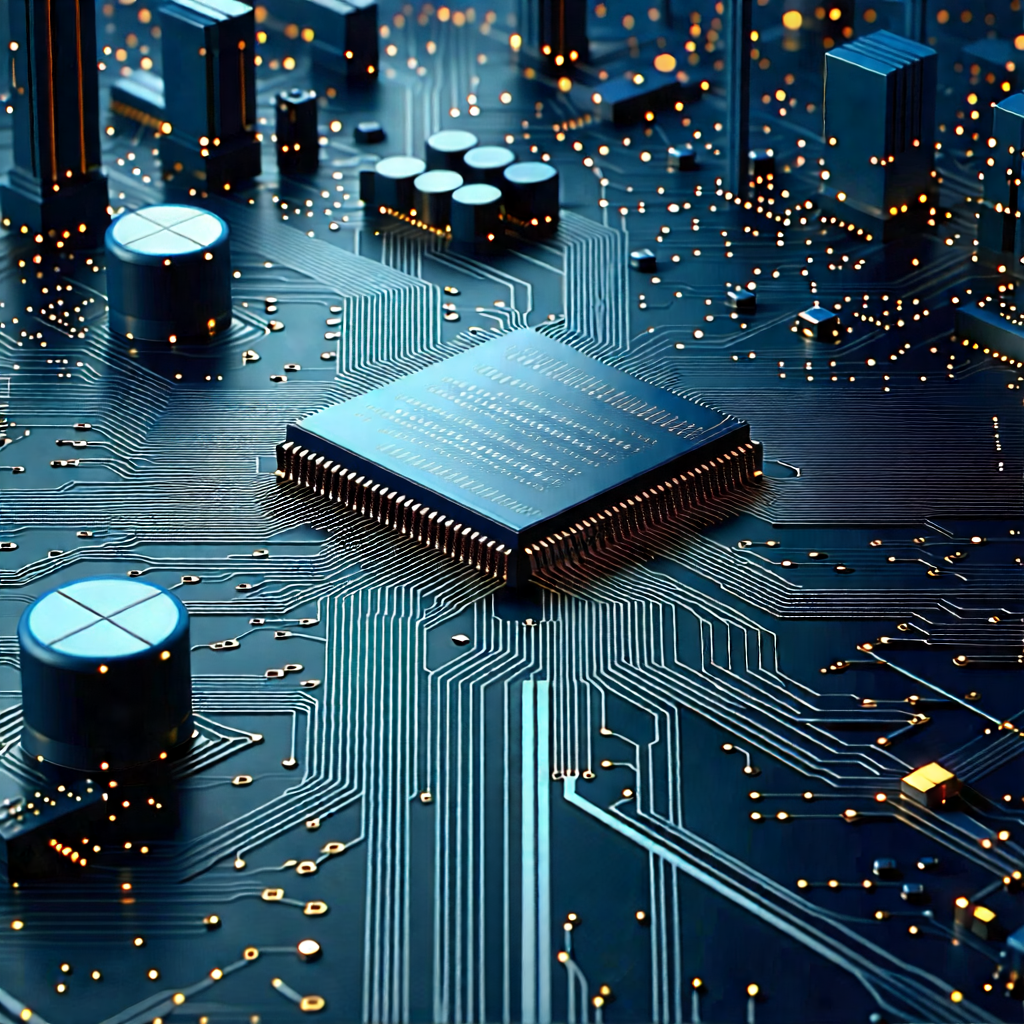 Tech Digital Art: Circuit board with data streams