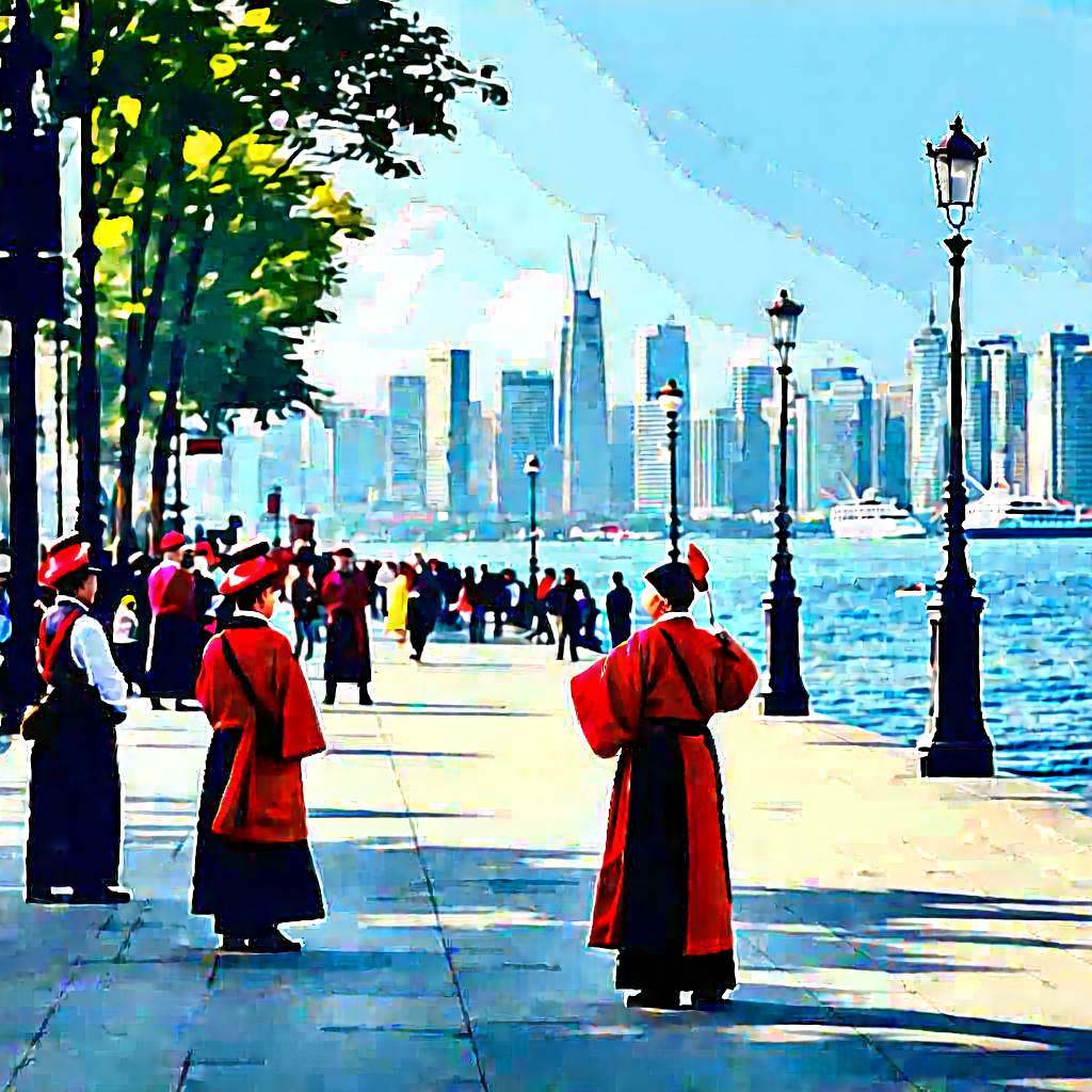 Urban Digital Illustration: Waterfront promenade with street performance