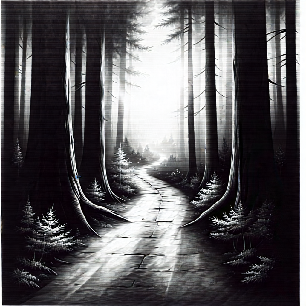 Nature Charcoal Drawing: Path Through Redwood (forest:1.21) With Black White