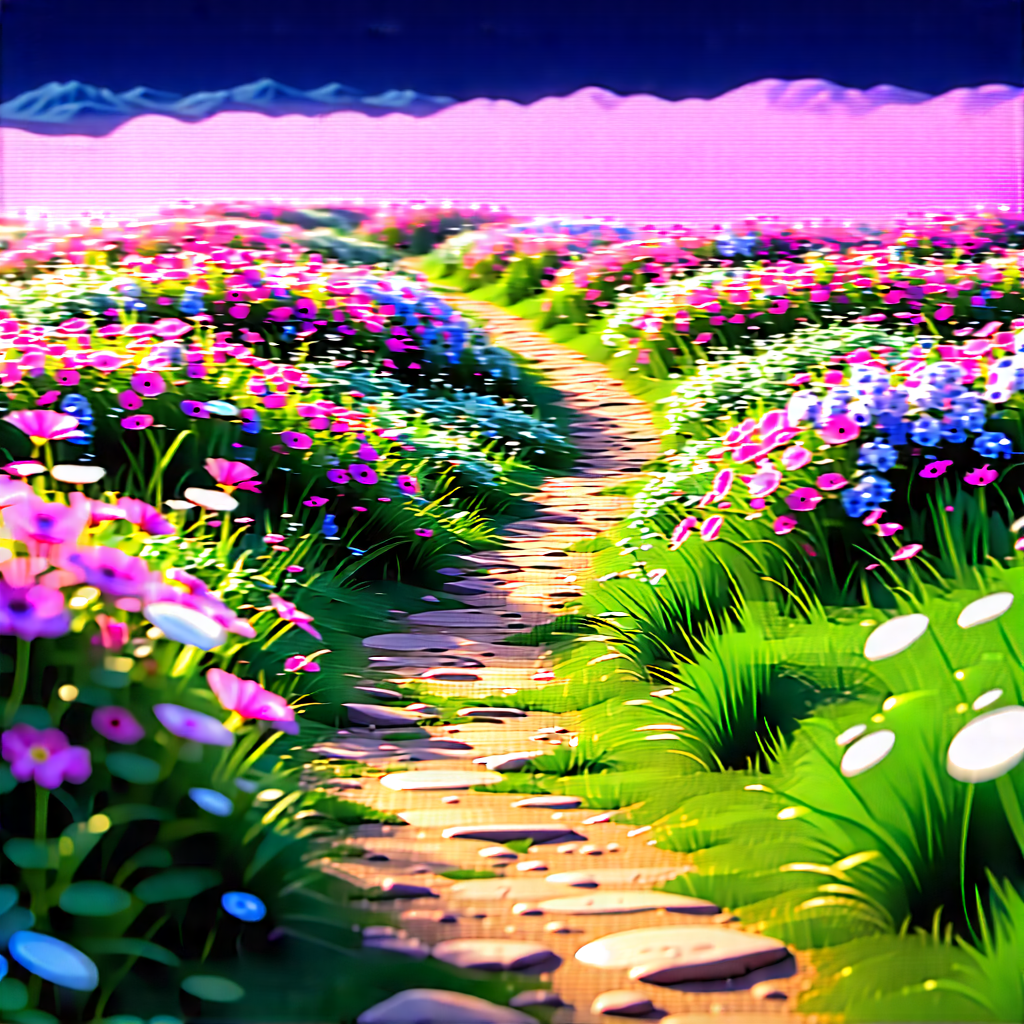 Nature 3D Render: Path through flowering meadow