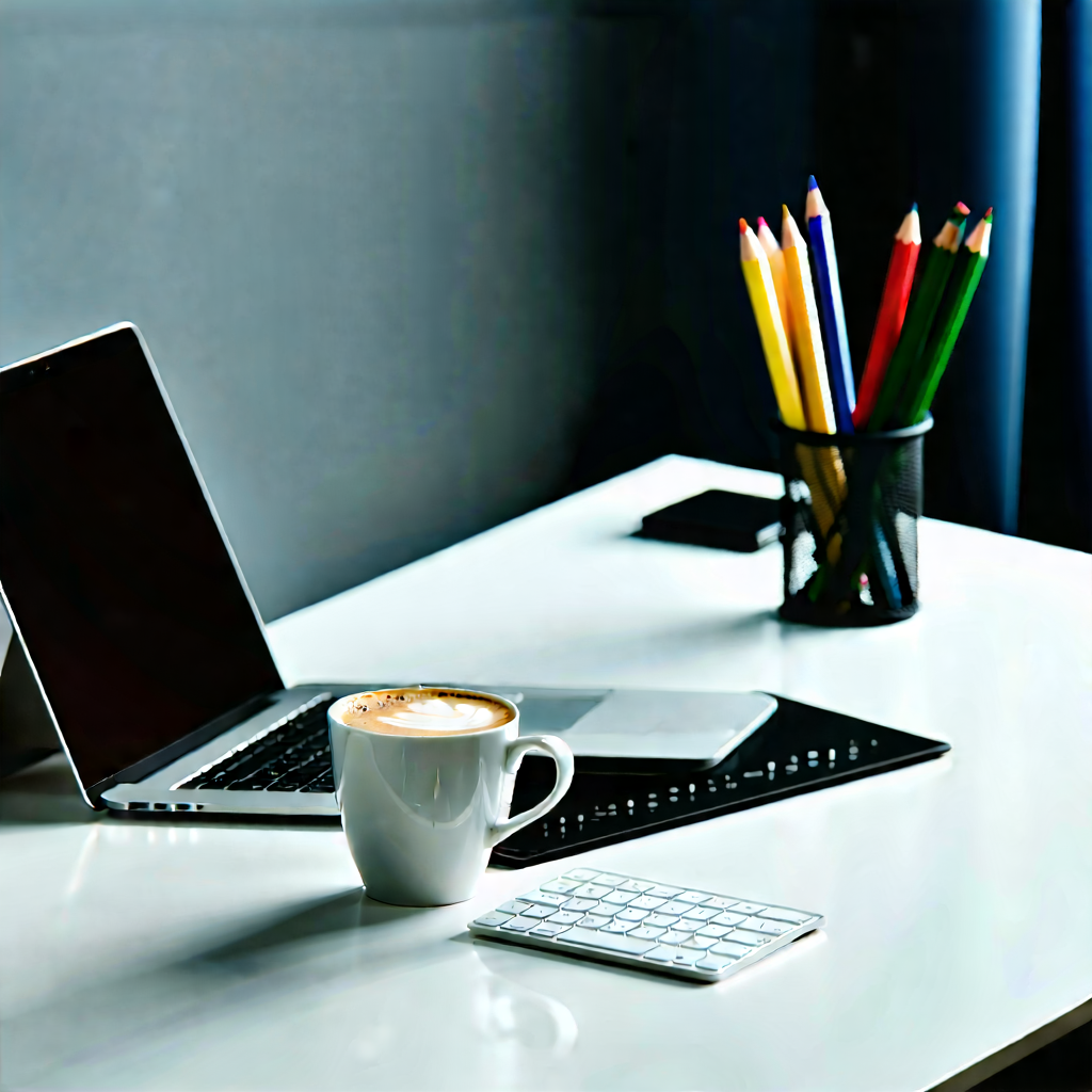 Business Isometric Design: Workplace With Laptop And Coffee On Desk With Laptop Computer
