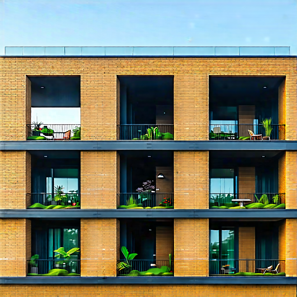 Urban Octane Render: Modern Apartment Complex With Green Rooftop With Large Brick