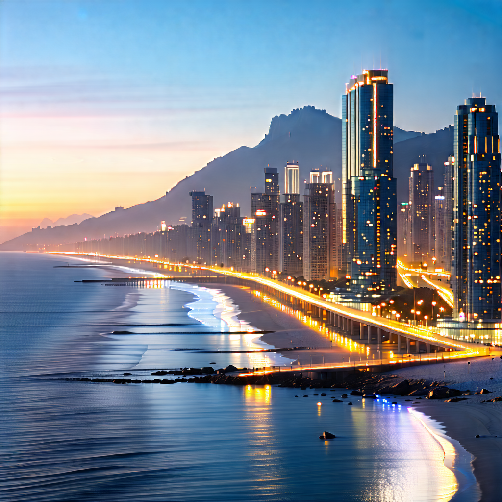 Urban Advertising Photography: Cityscape Of Coastal City During Sunrise With Beautiful Beach