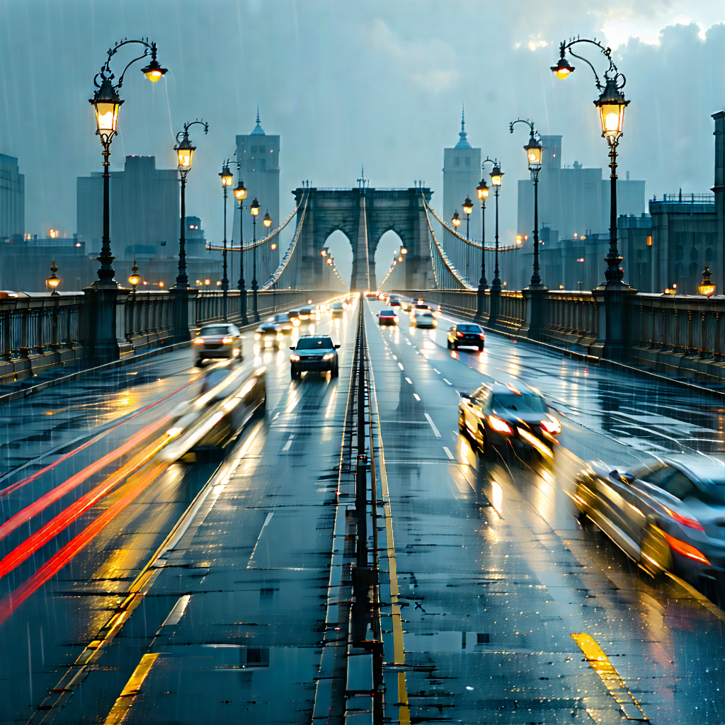 Urban Advertising Photography: Iconic Bridge With Rain-slicked Streets With Captures Rainy