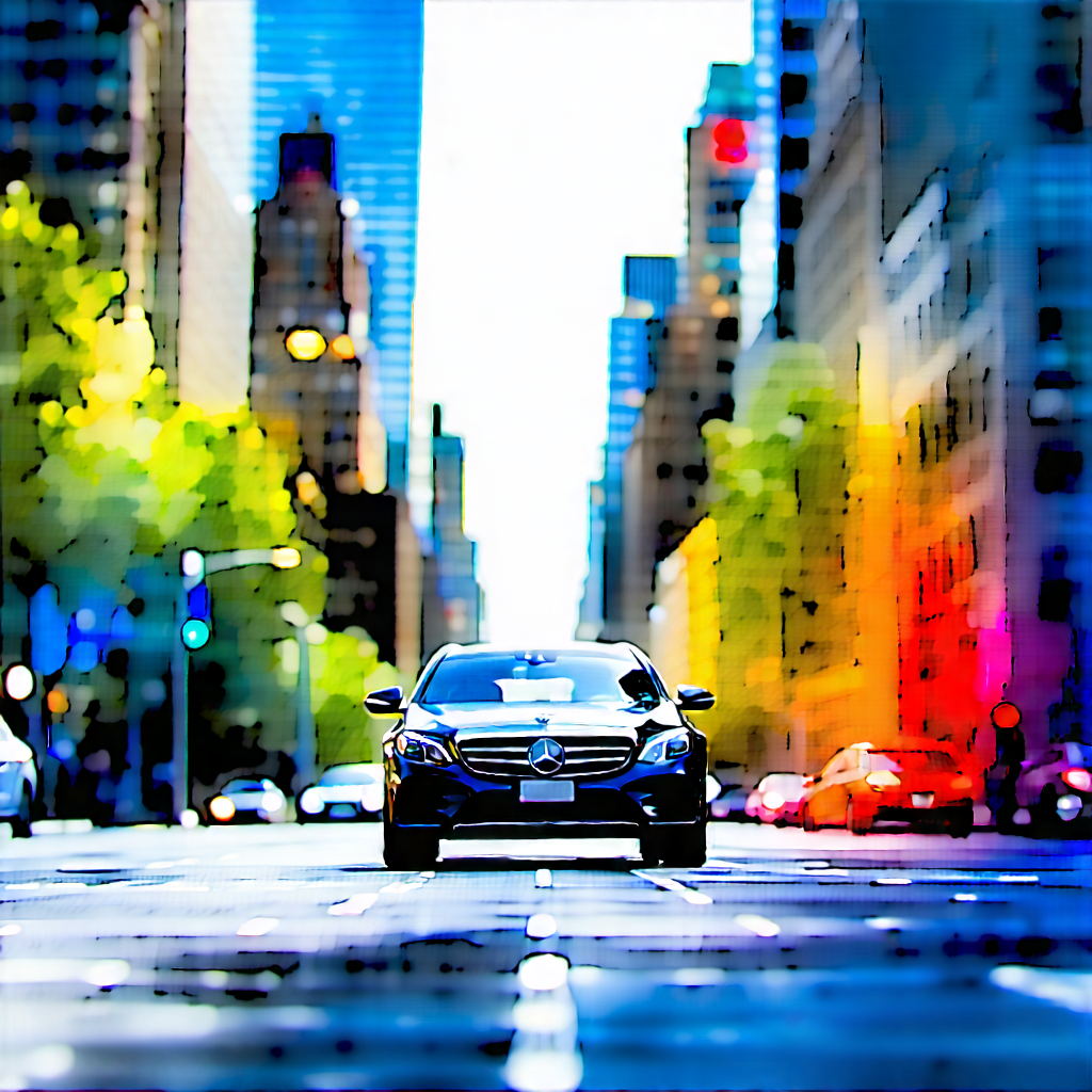 Urban Watercolor Painting: (city:1.19) Rideshare In Financial District With Black Mercedes