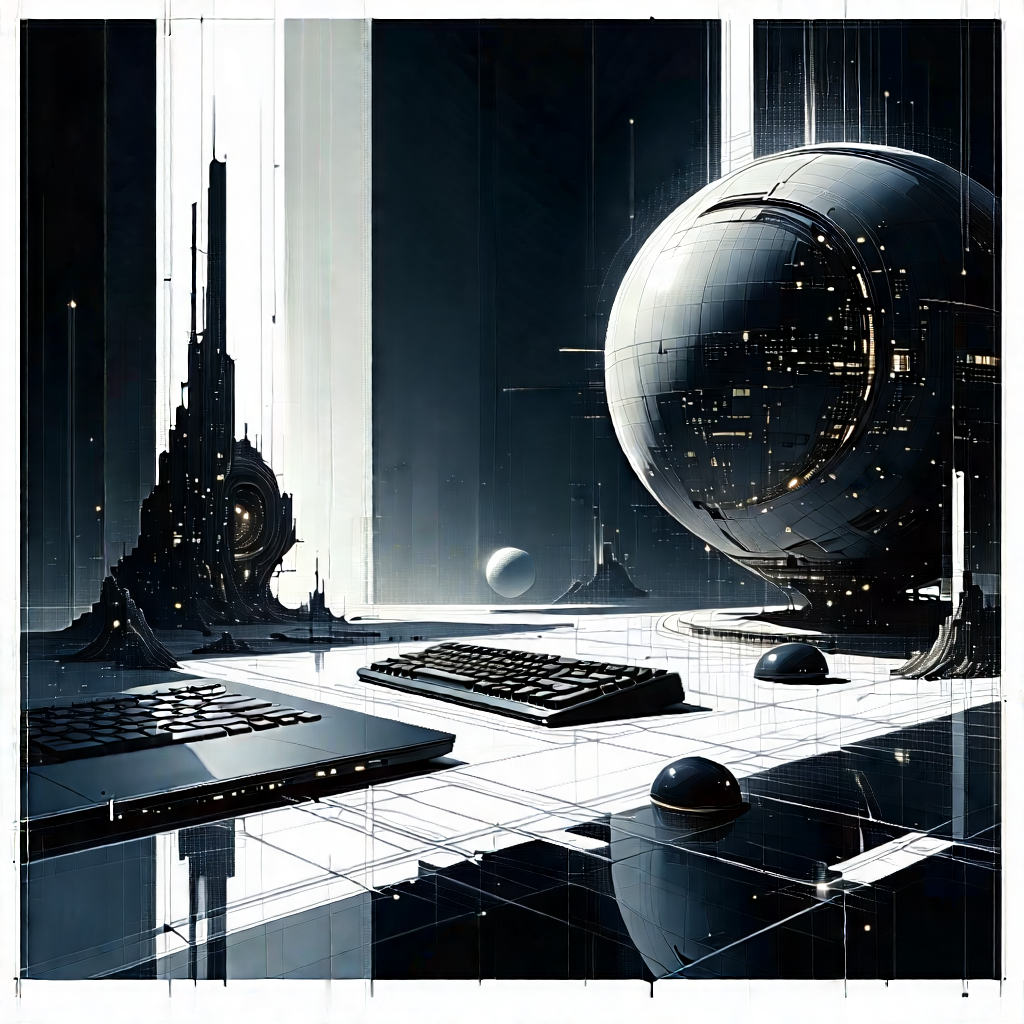 Tech Etching: (futuristic:1.11) Digital Workspace With Futuristic Scene,