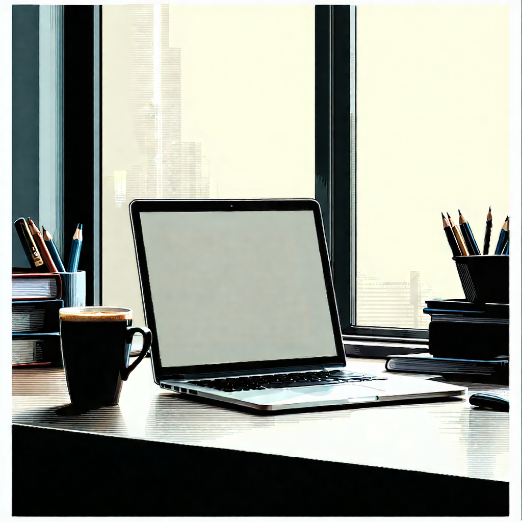 Business Linocut Print: Workplace With Laptop And Coffee On Desk With Laptop Computer