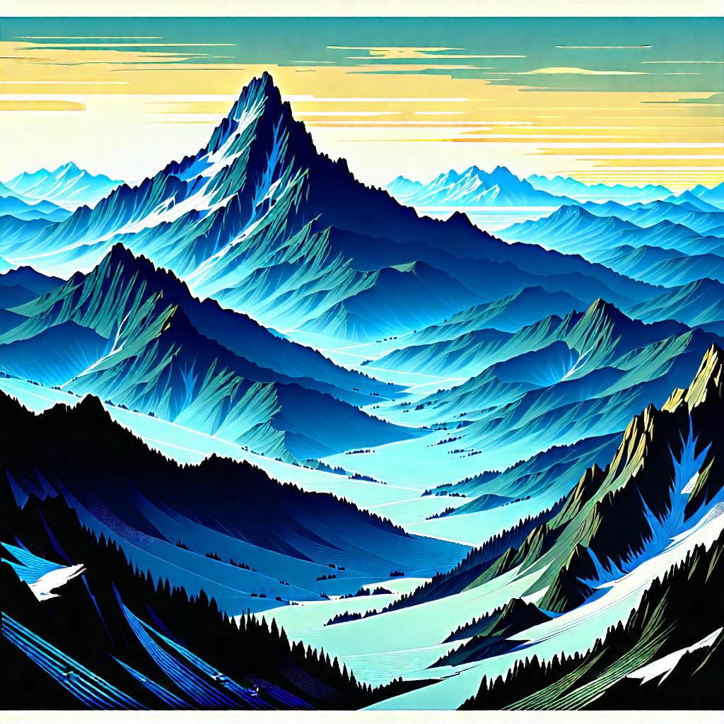 Nature Linocut Print: Aerial View Of Mountain Range With Painting Mountainous