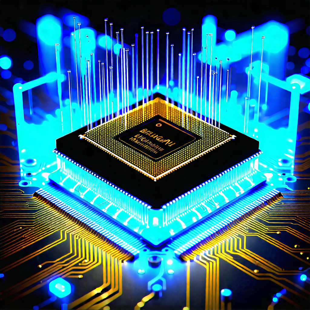 Tech Concept Art: Microchip With Blue Light (glow:1.32) With Close-up Computer