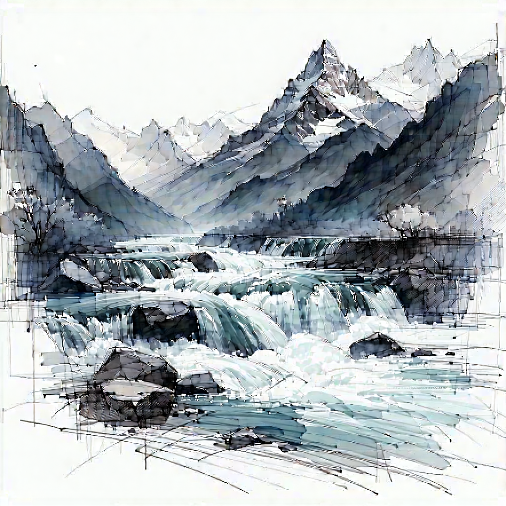 Nature Pencil Sketch: Rushing (river:1.31) Surrounded By Mountain Peaks With Watercolor Painting