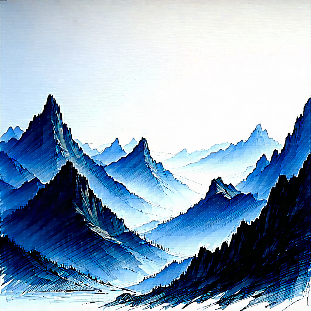 Nature Pencil Sketch: Mountain Range During Blue Hour With Painting Mountain