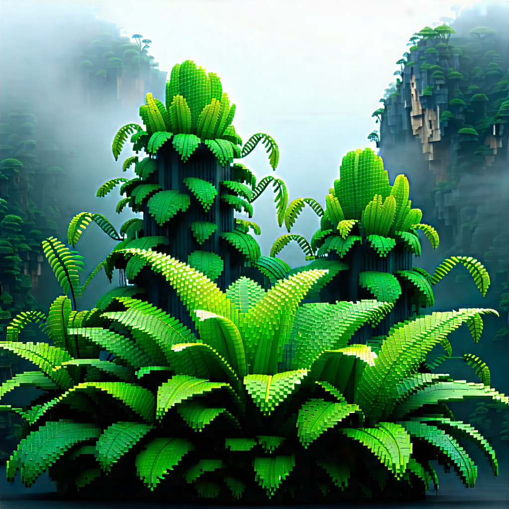 Nature Voxel Art: Tropical plants in misty environment