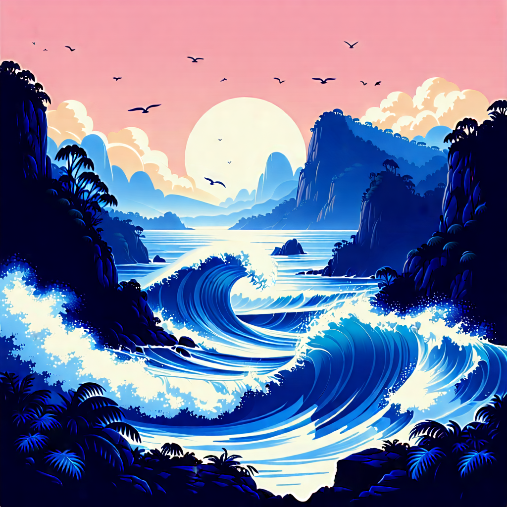 Nature Lithograph: Ocean Waves Surrounded By Lush Vegetation With Painting Beautiful