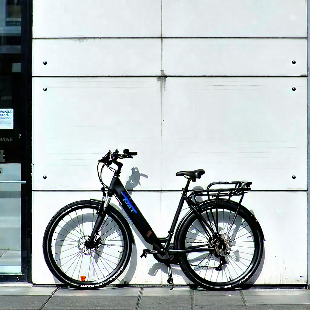 Urban Minimalist Design: (city:1.47) Bicycle Sharing In Arts District With Black Bicycle