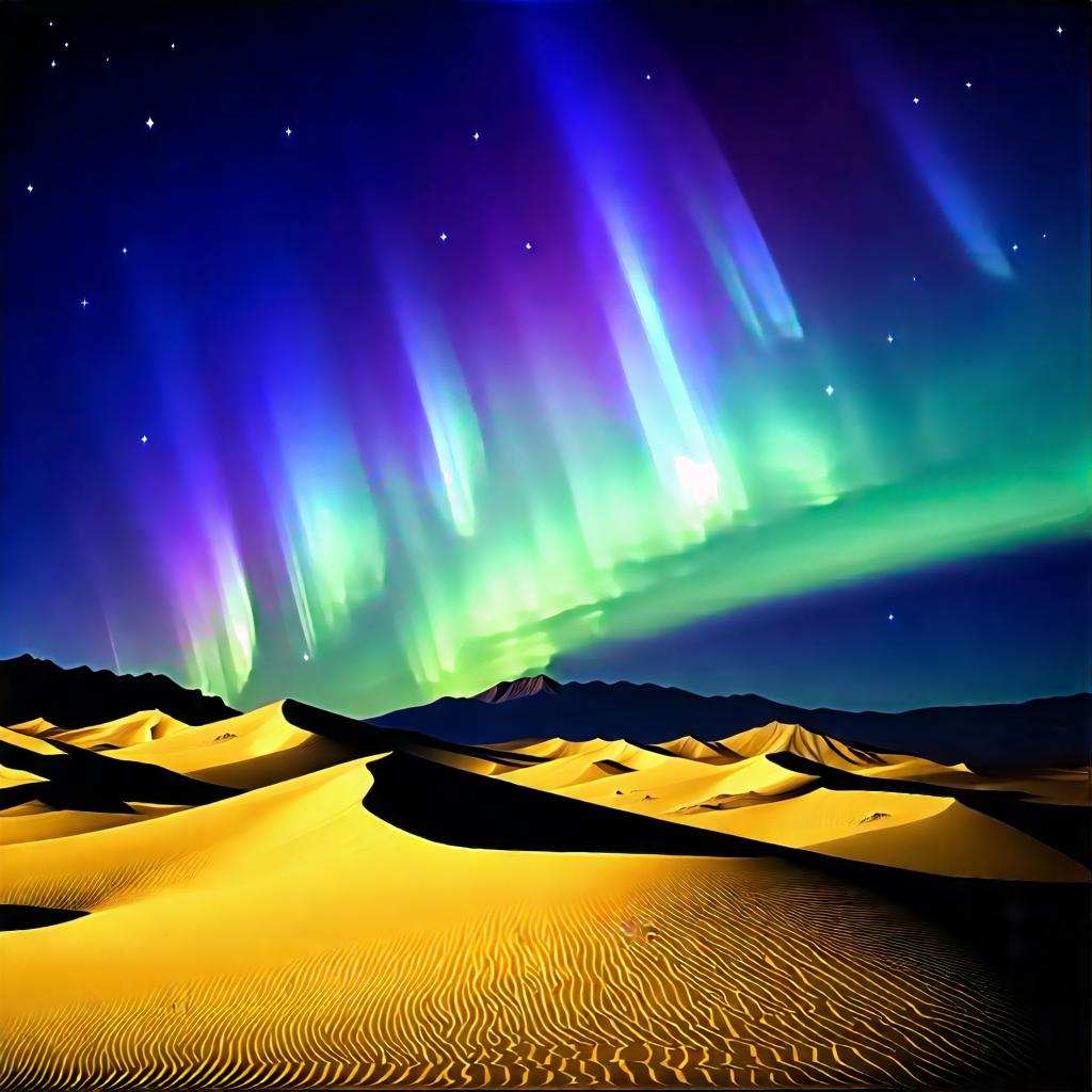 Nature Lithograph: Northern Lights Over Desert With Beautiful Nighttime