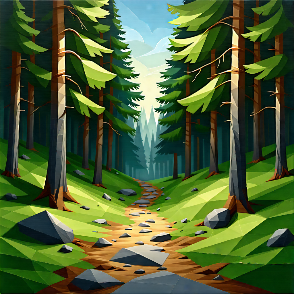 Nature Low Poly: Path Through Pine Forest With Image, There