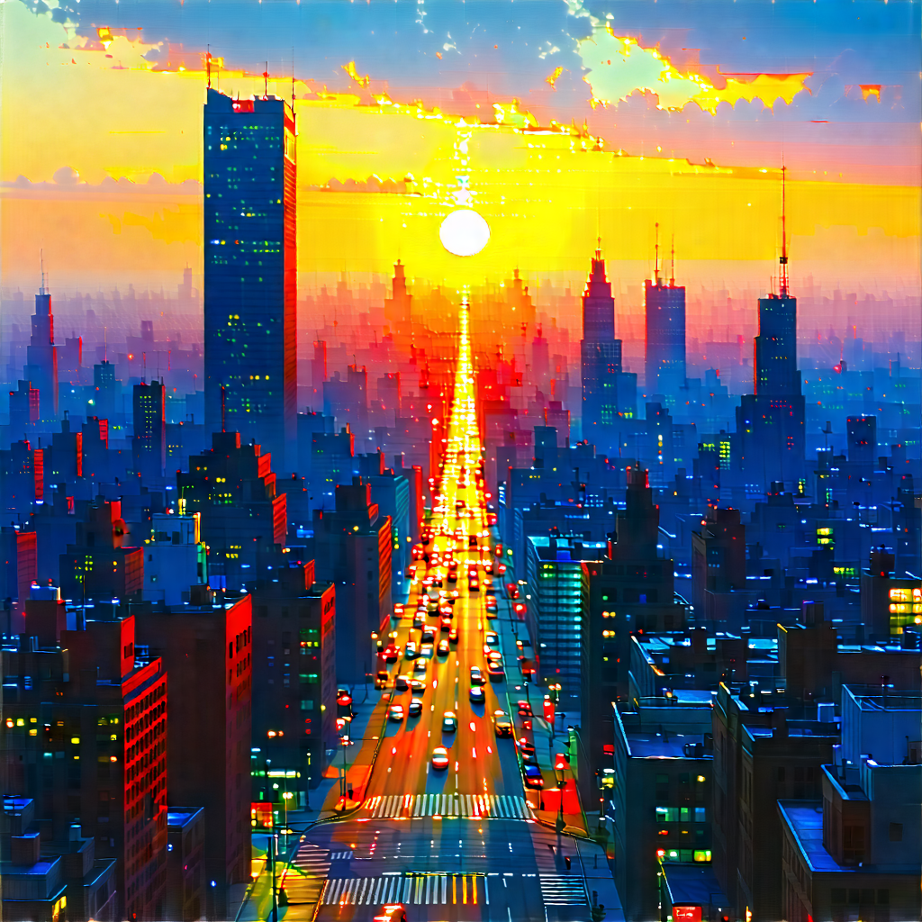 Urban Gouache Painting: Cityscape Of Modern Metropolis During Sunset With Colorful Painting