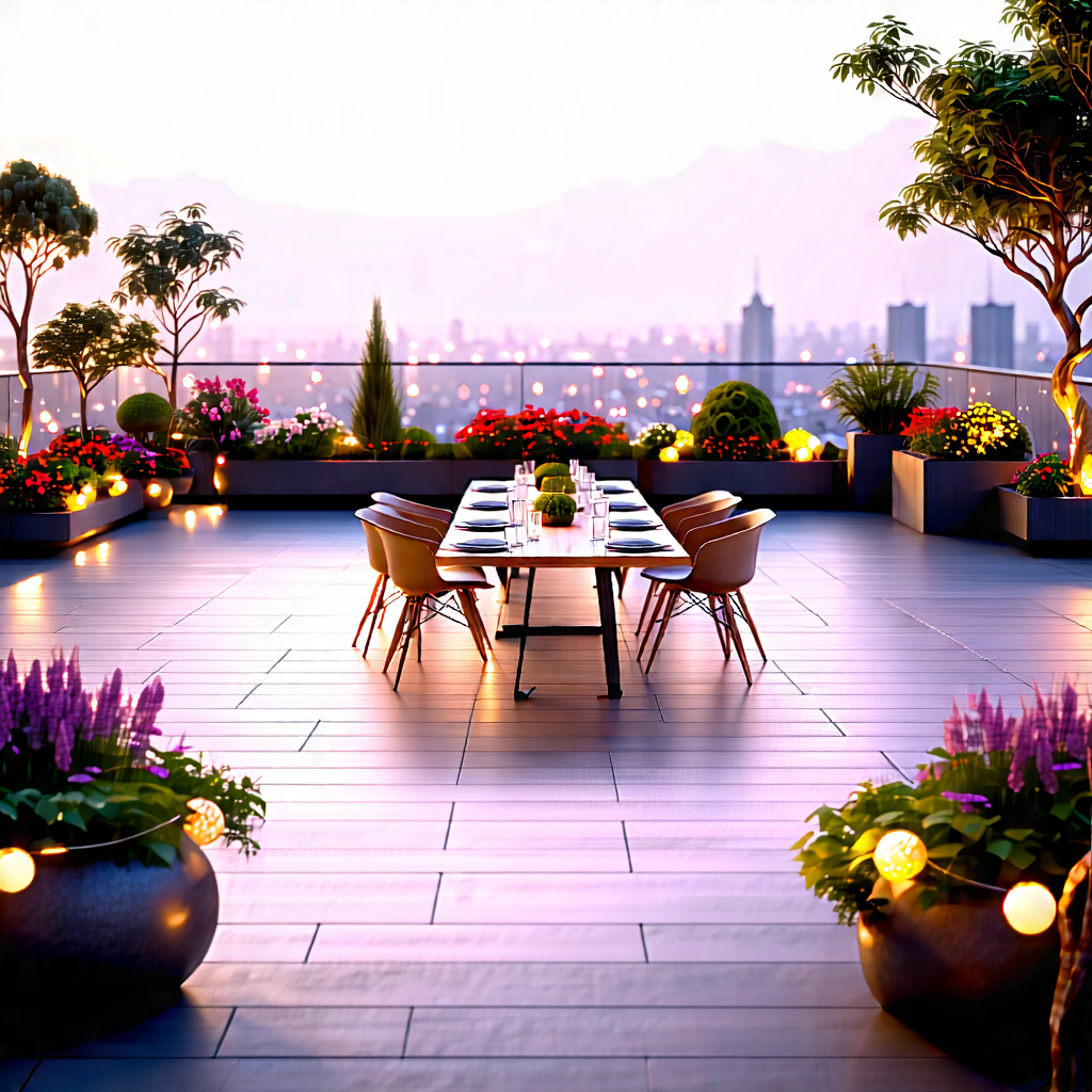 Urban Matte Painting: Rooftop Garden With Outdoor Dining With Beautifully Decorated