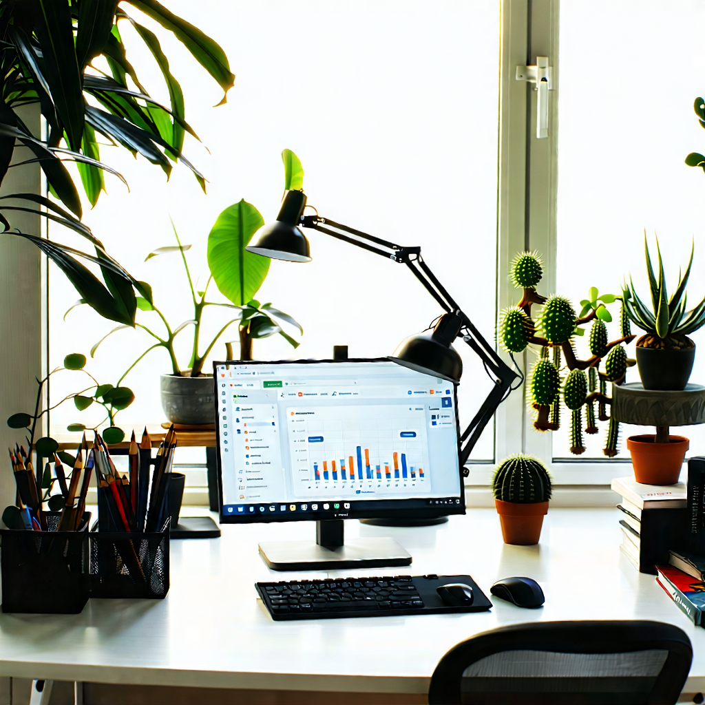 Lifestyle Product Photography: Home Office With Plants And Natural Elements With Desk Computer