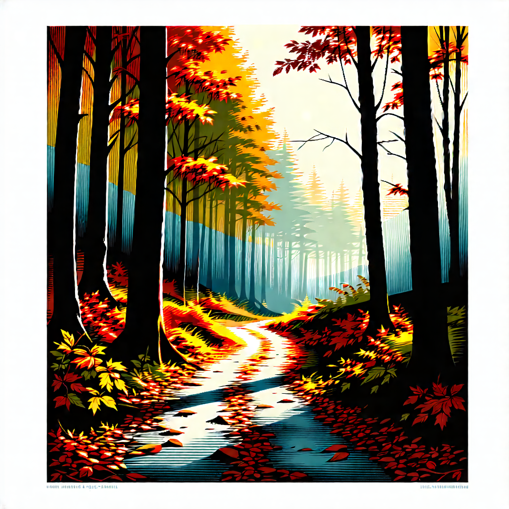 Nature Linocut Print: Path Through Autumn Woodland With Painting Forest