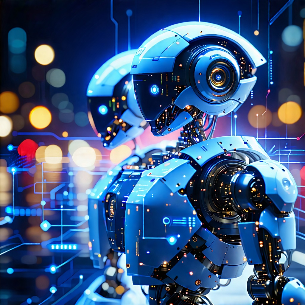 Tech Long Exposure Photography: Robot With Data Streams With Robotic Figures