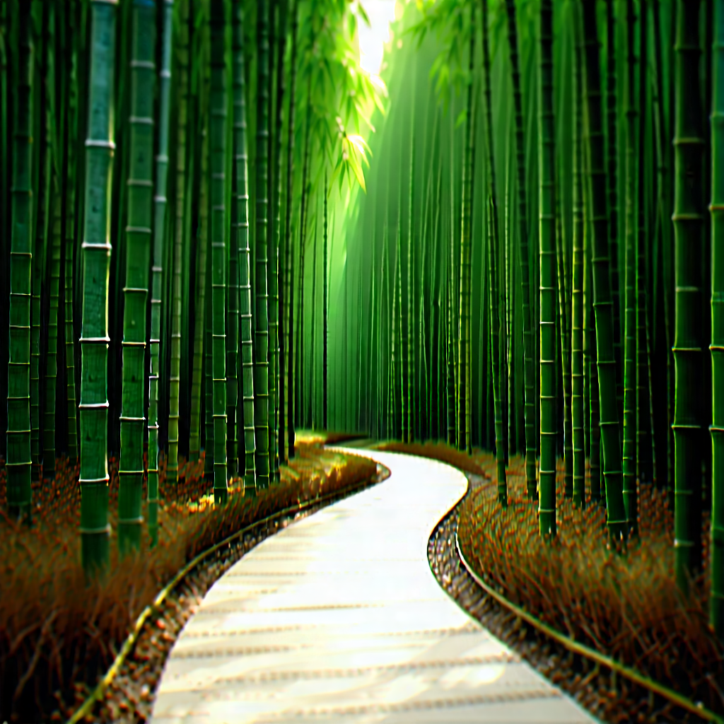 Nature Tilt-shift Photography: Path Through Bamboo Grove With Pathway Surrounded