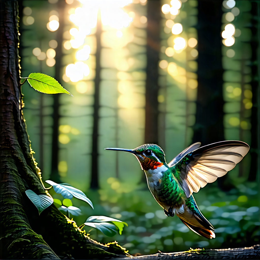 Nature Woodcut Print: Hummingbird In Forest Environment With Colorful Hummingbird