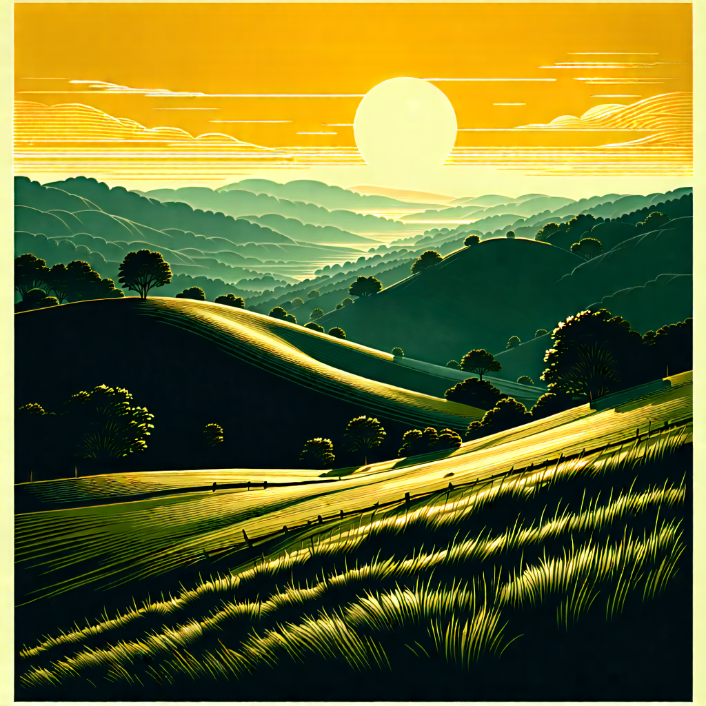 Nature Linocut Print: Rolling Hills During Golden Hour With Painting Beautiful