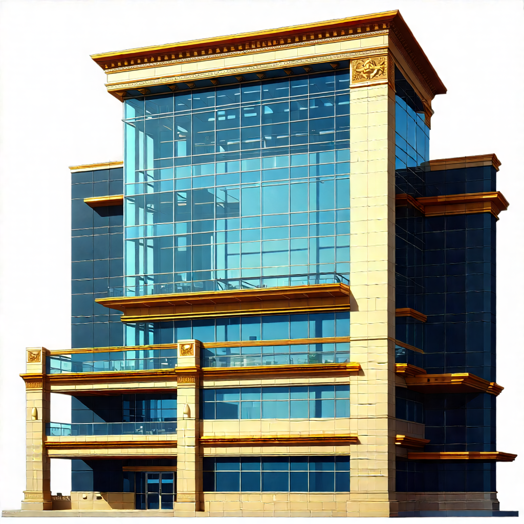 Urban Gouache Painting: Glass Office Tower With Ornate Details With Large, Modern
