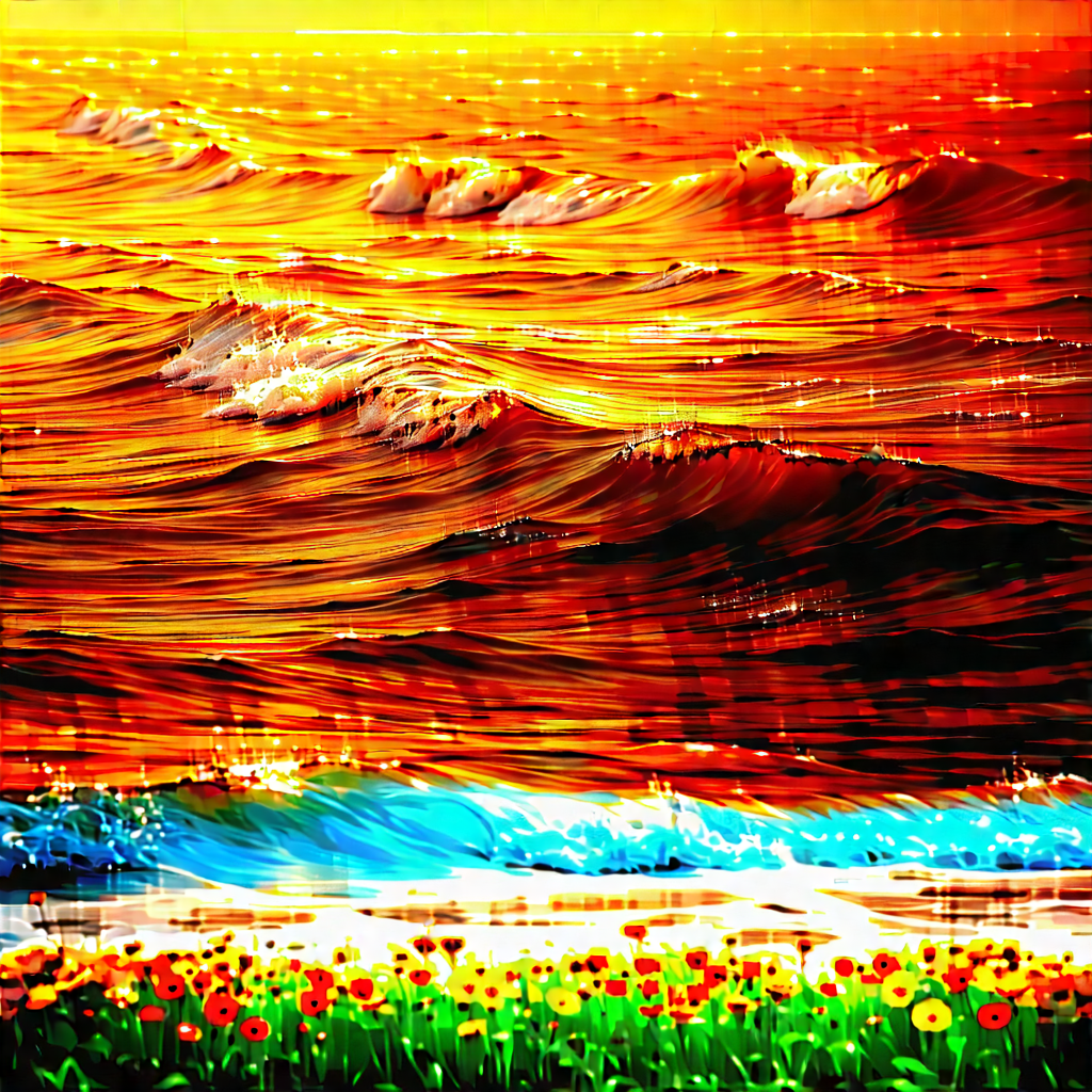 Nature Tilt-shift Photography: Ocean Waves Surrounded By Wildflowers With Painting Beautiful