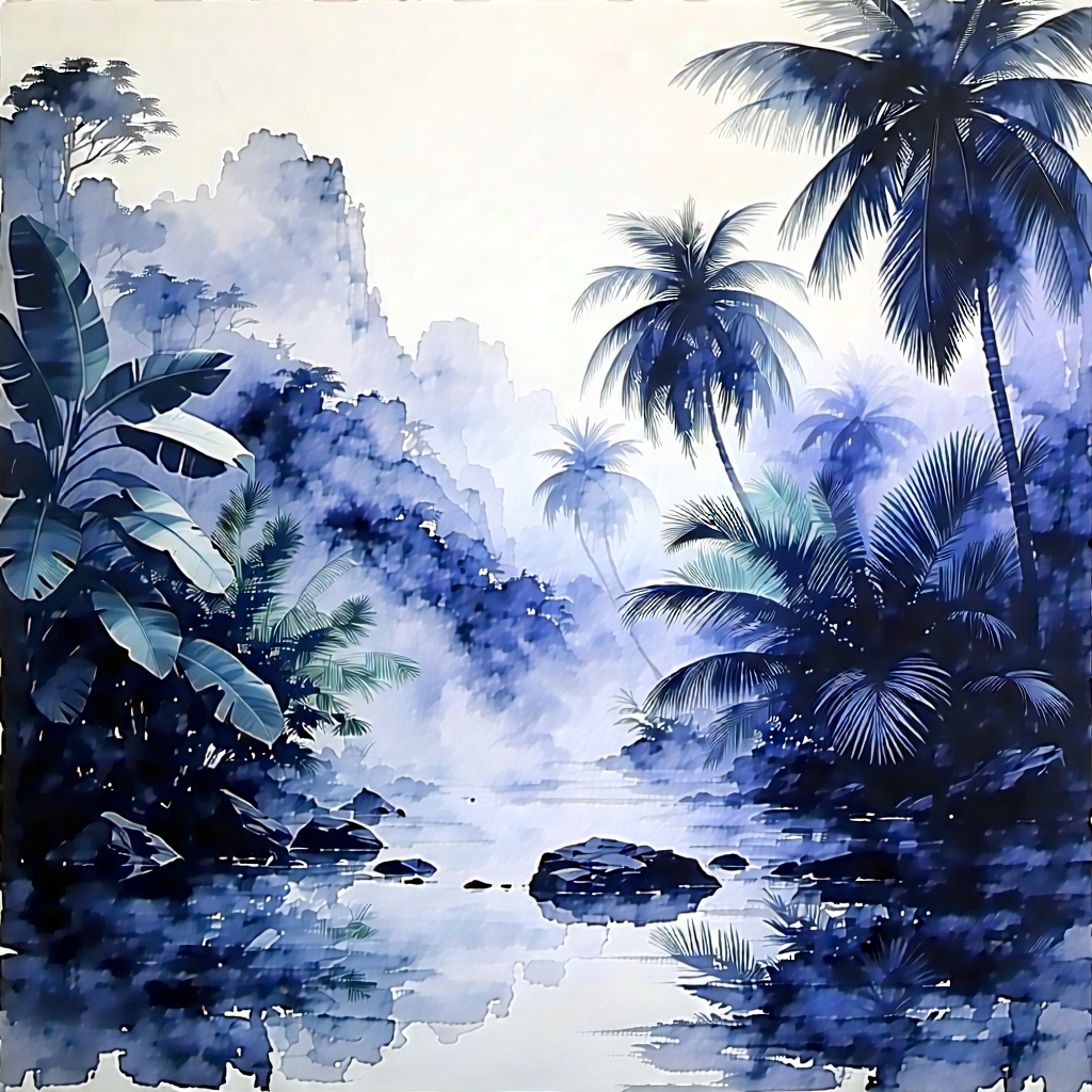 Nature Watercolor Painting: Tropical Plants In Misty Environment With Painting Tropical