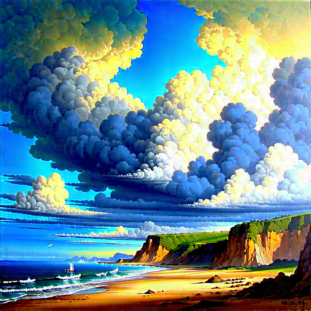 Nature Gouache Painting: (dramatic:1.43) Clouds Over Coastline With Painting Beach